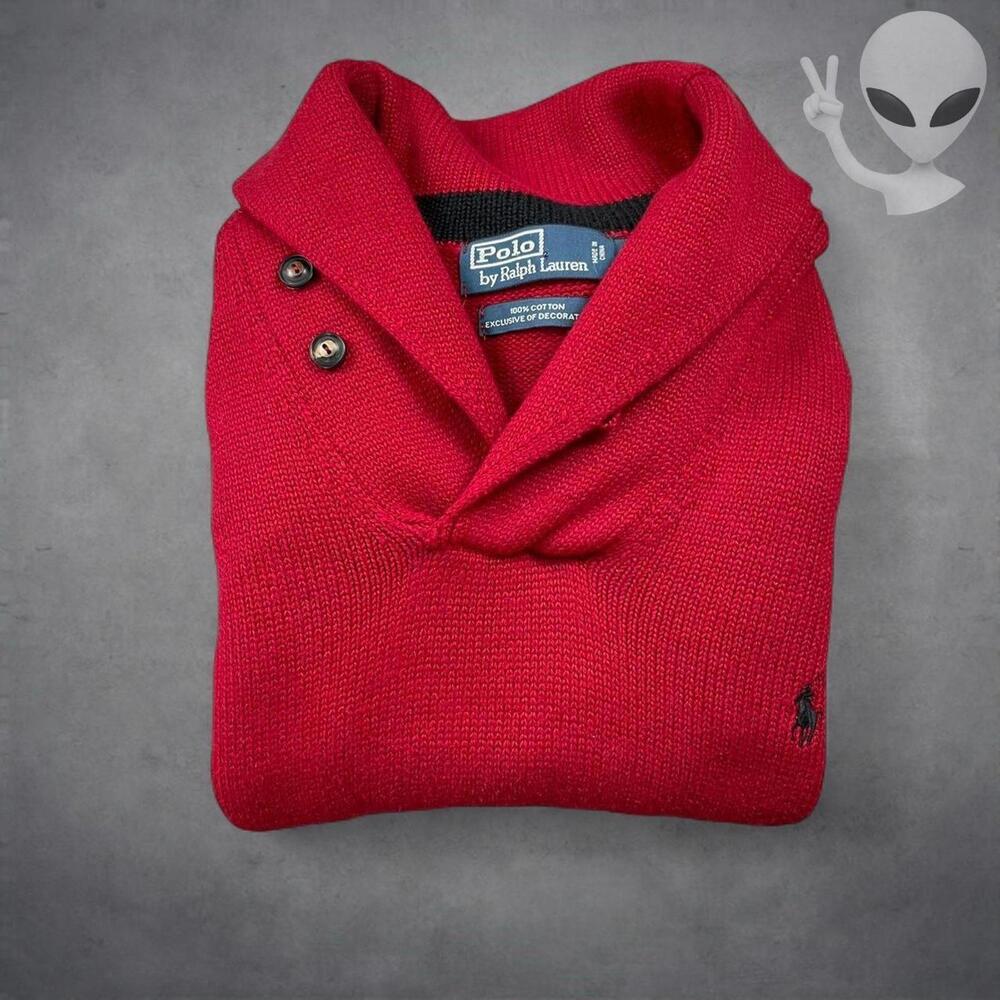 Vintage Polo Ralph Lauren Red Shawl Collar Sweater Black Stripe Medium Preppy - Picture 8 of 8